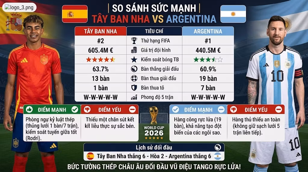 Bảng infographic so sánh sức mạnh, phong độ và thông số thống kê chi tiết giữa Tây Ban Nha và Argentina trước thềm chung kết World Cup 2026.